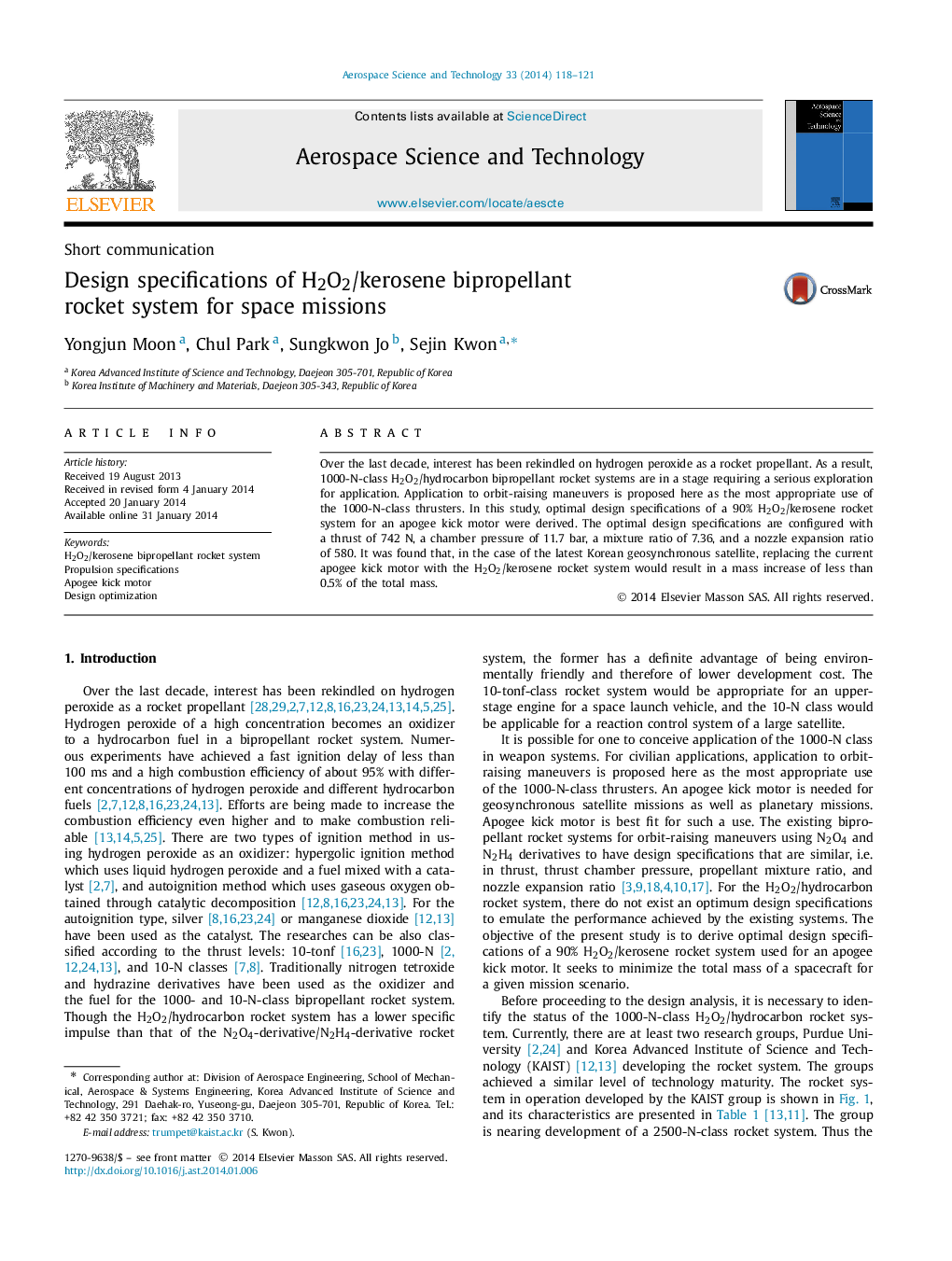 Design specifications of H2O2/kerosene bipropellant rocket system for space missions