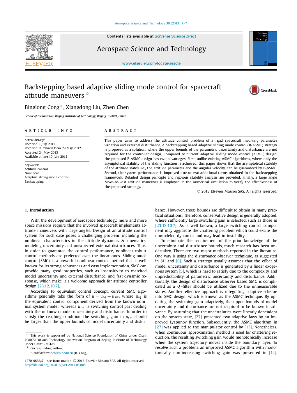 Backstepping based adaptive sliding mode control for spacecraft attitude maneuvers 