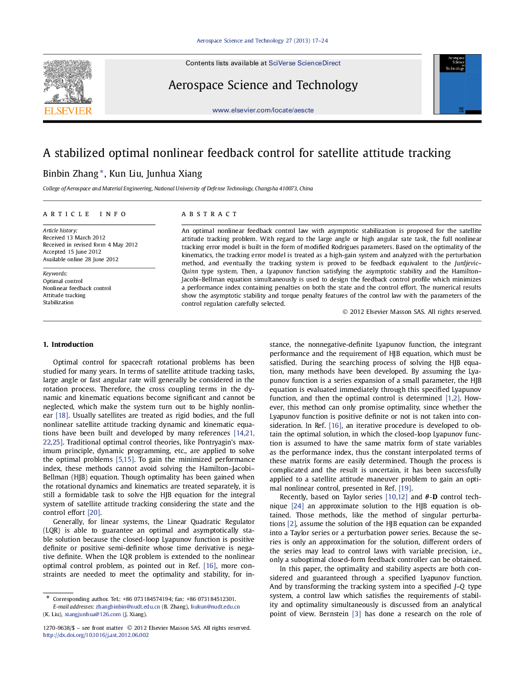 A stabilized optimal nonlinear feedback control for satellite attitude tracking