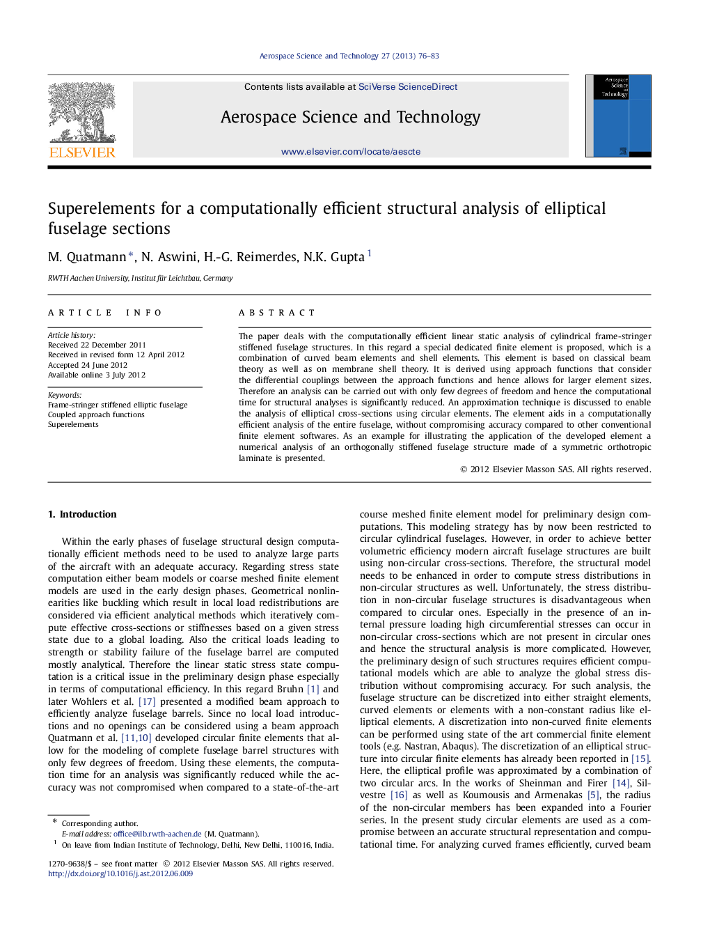 Superelements for a computationally efficient structural analysis of elliptical fuselage sections