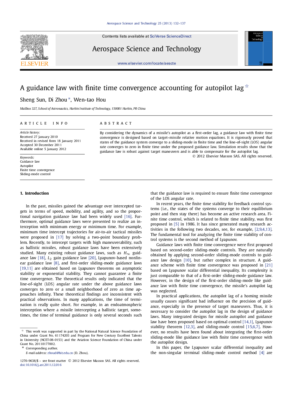 A guidance law with finite time convergence accounting for autopilot lag 