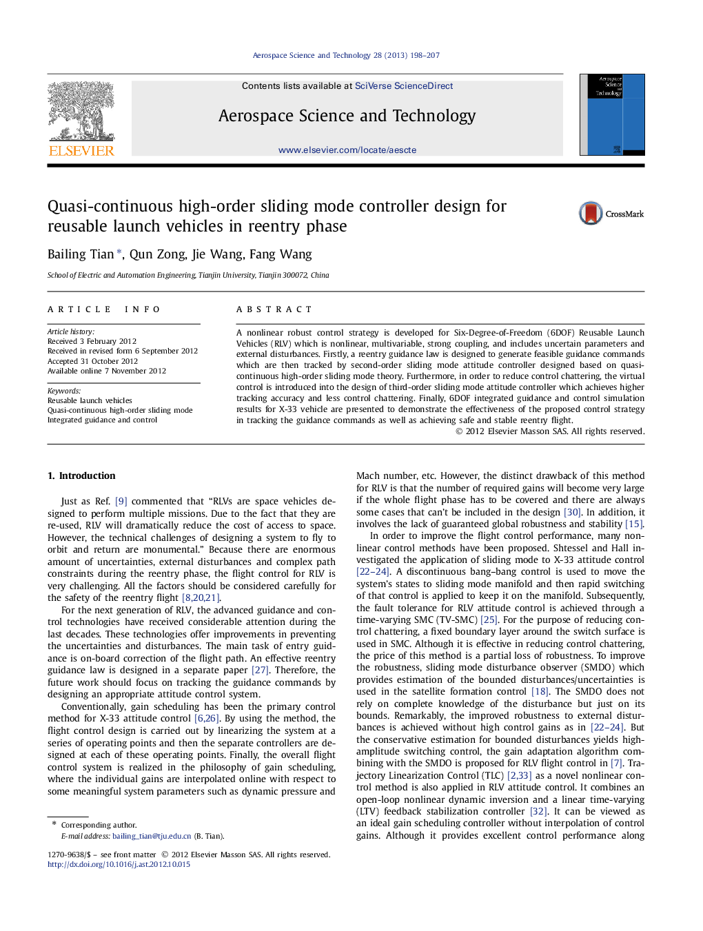 Quasi-continuous high-order sliding mode controller design for reusable launch vehicles in reentry phase