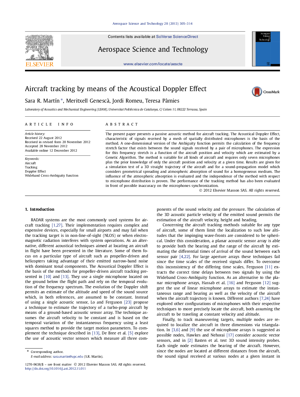 Aircraft tracking by means of the Acoustical Doppler Effect