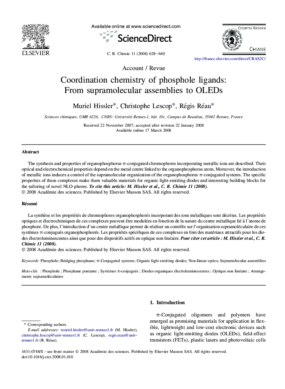 Coordination chemistry of phosphole ligands: From supramolecular assemblies to OLEDs