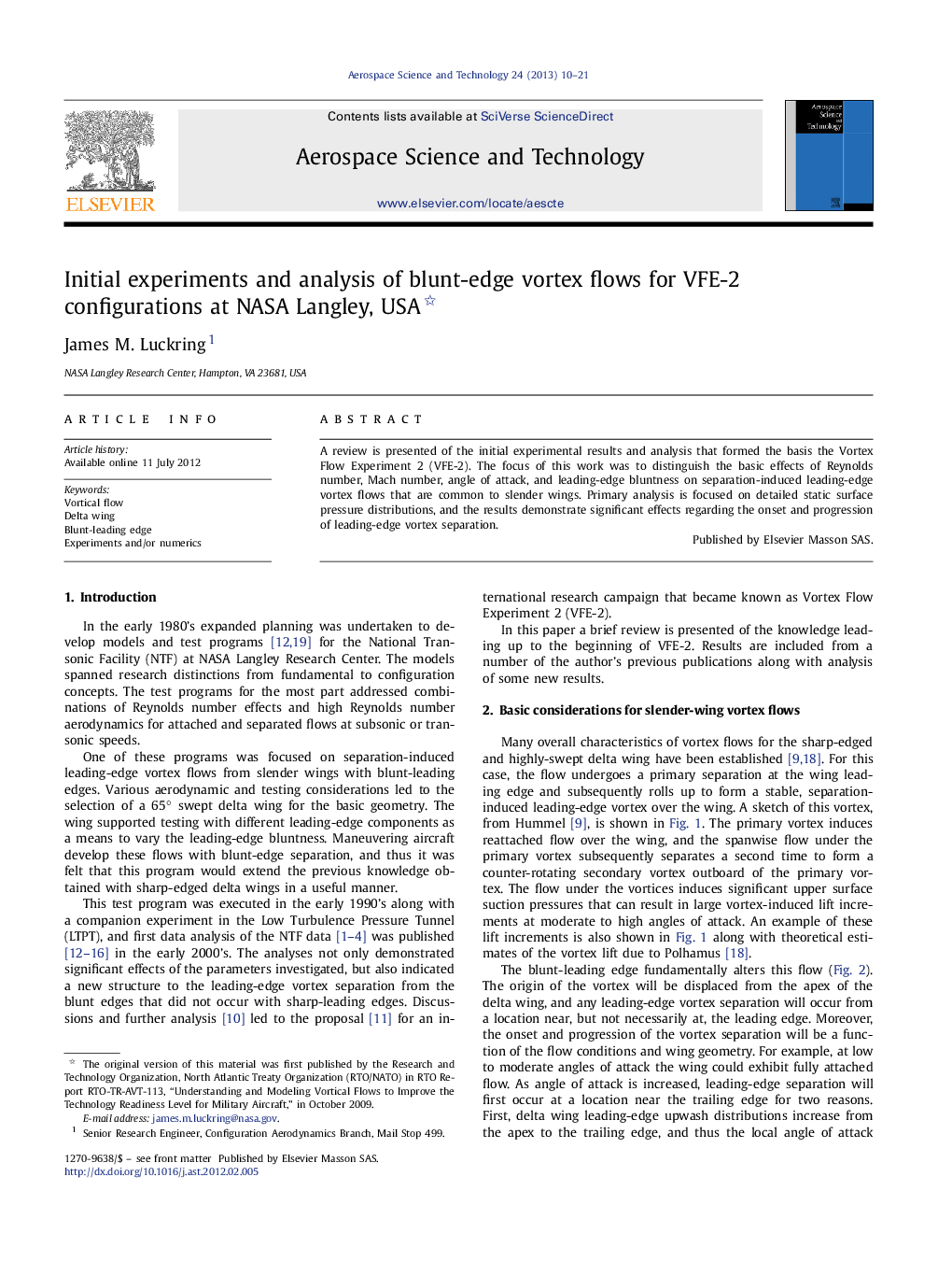 Initial experiments and analysis of blunt-edge vortex flows for VFE-2 configurations at NASA Langley, USA 