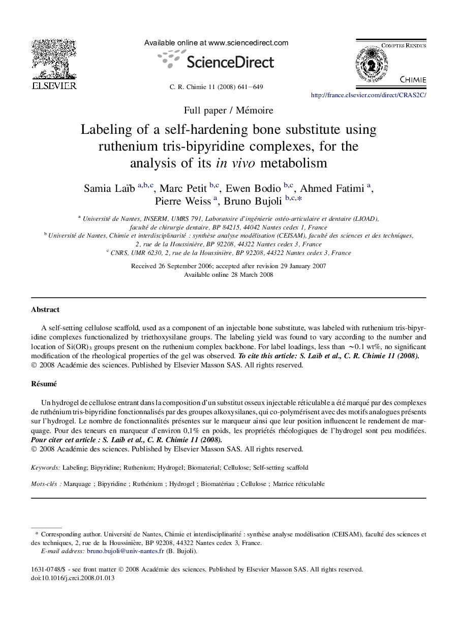 Labeling of a self-hardening bone substitute using ruthenium tris-bipyridine complexes, for the analysis of its in vivo metabolism