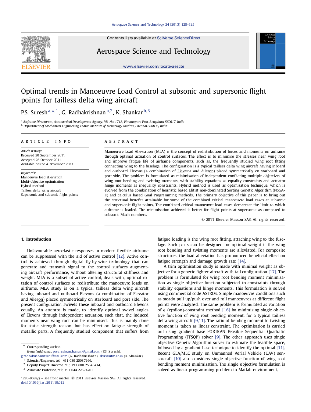 Optimal trends in Manoeuvre Load Control at subsonic and supersonic flight points for tailless delta wing aircraft