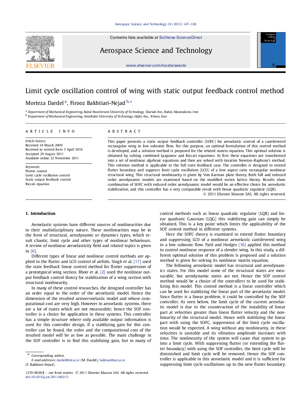 Limit cycle oscillation control of wing with static output feedback control method