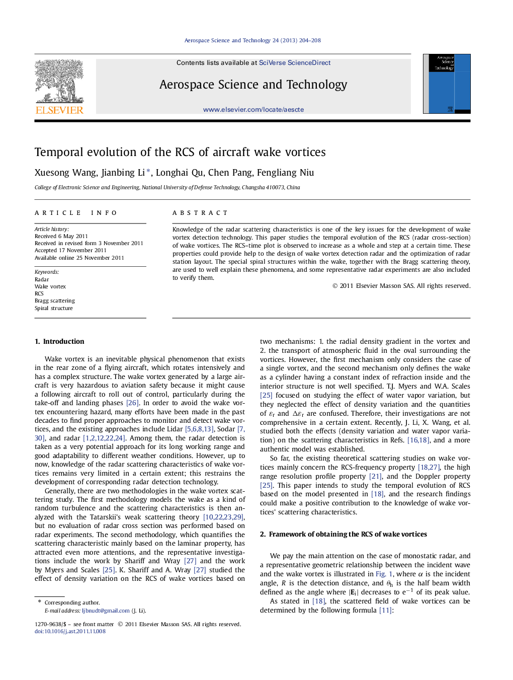 Temporal evolution of the RCS of aircraft wake vortices