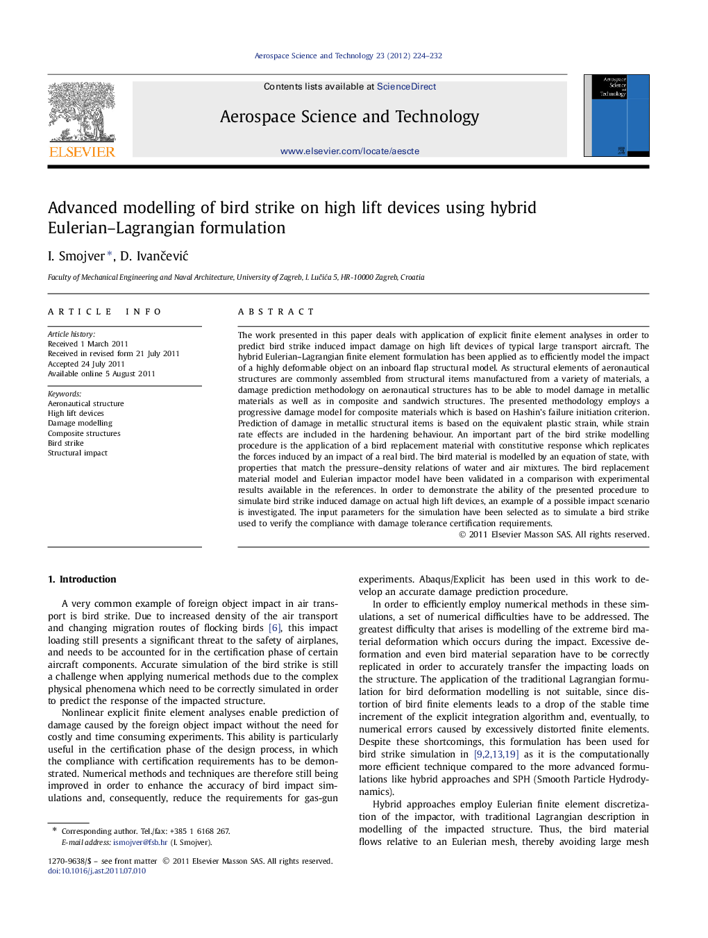 Advanced modelling of bird strike on high lift devices using hybrid Eulerian–Lagrangian formulation