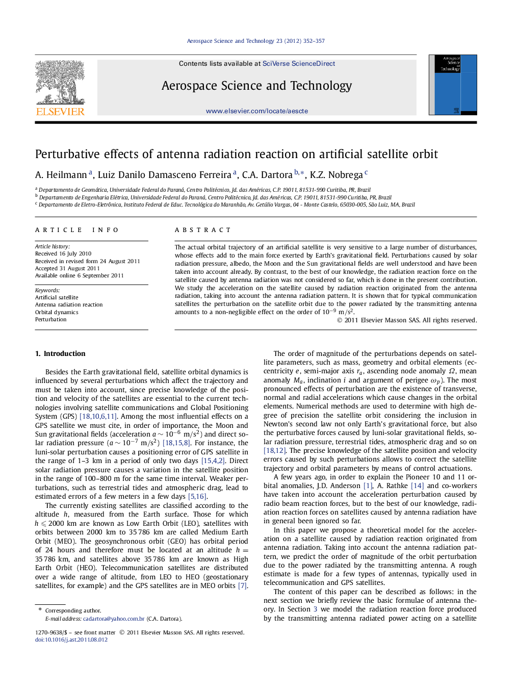 Perturbative effects of antenna radiation reaction on artificial satellite orbit