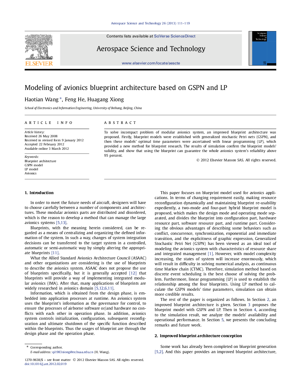 Modeling of avionics blueprint architecture based on GSPN and LP