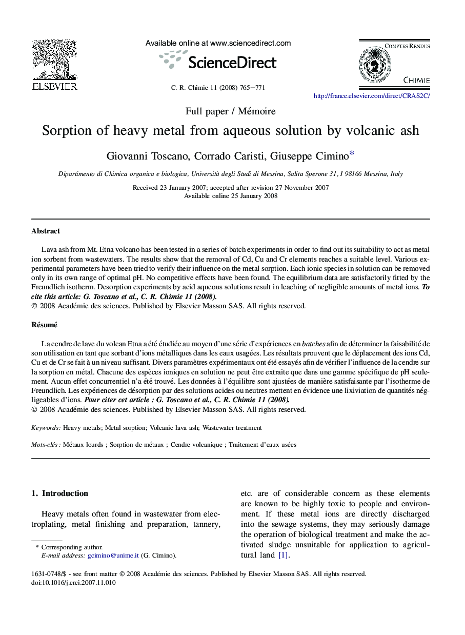 Sorption of heavy metal from aqueous solution by volcanic ash