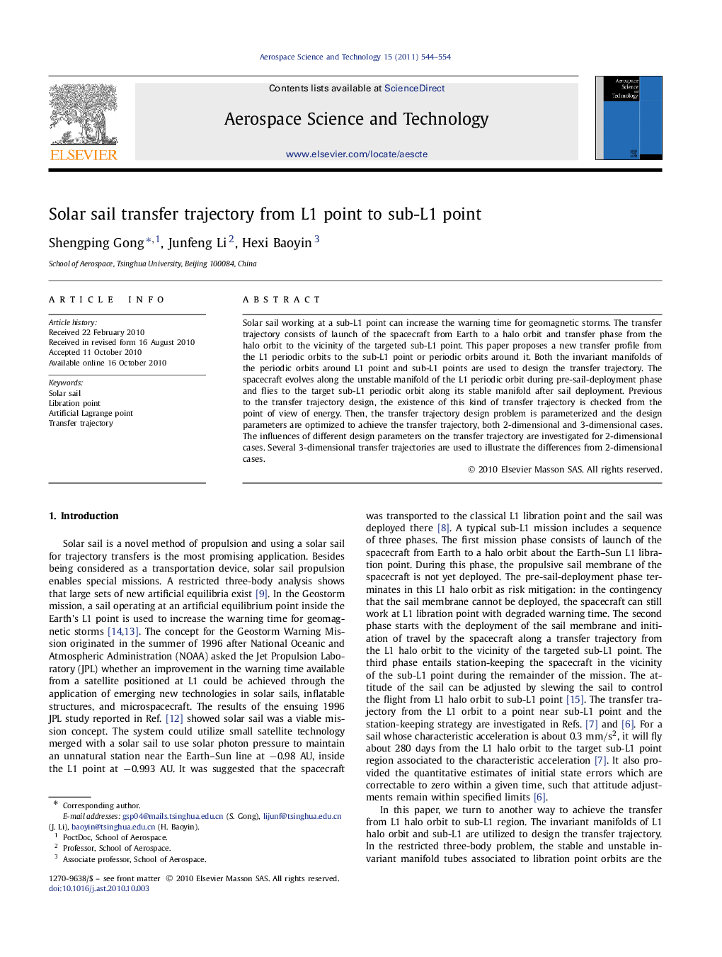 Solar sail transfer trajectory from L1 point to sub-L1 point