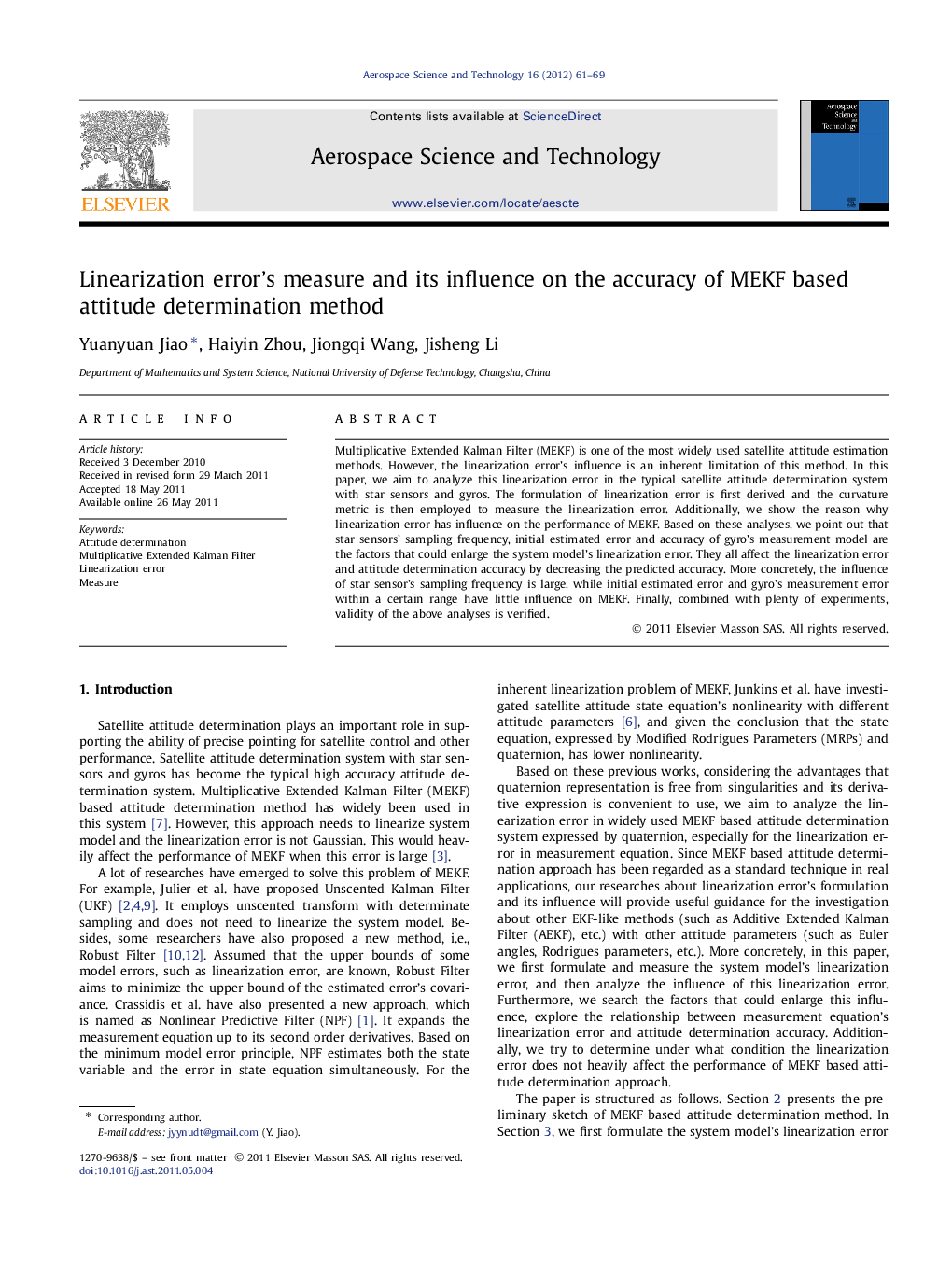 Linearization errorʼs measure and its influence on the accuracy of MEKF based attitude determination method