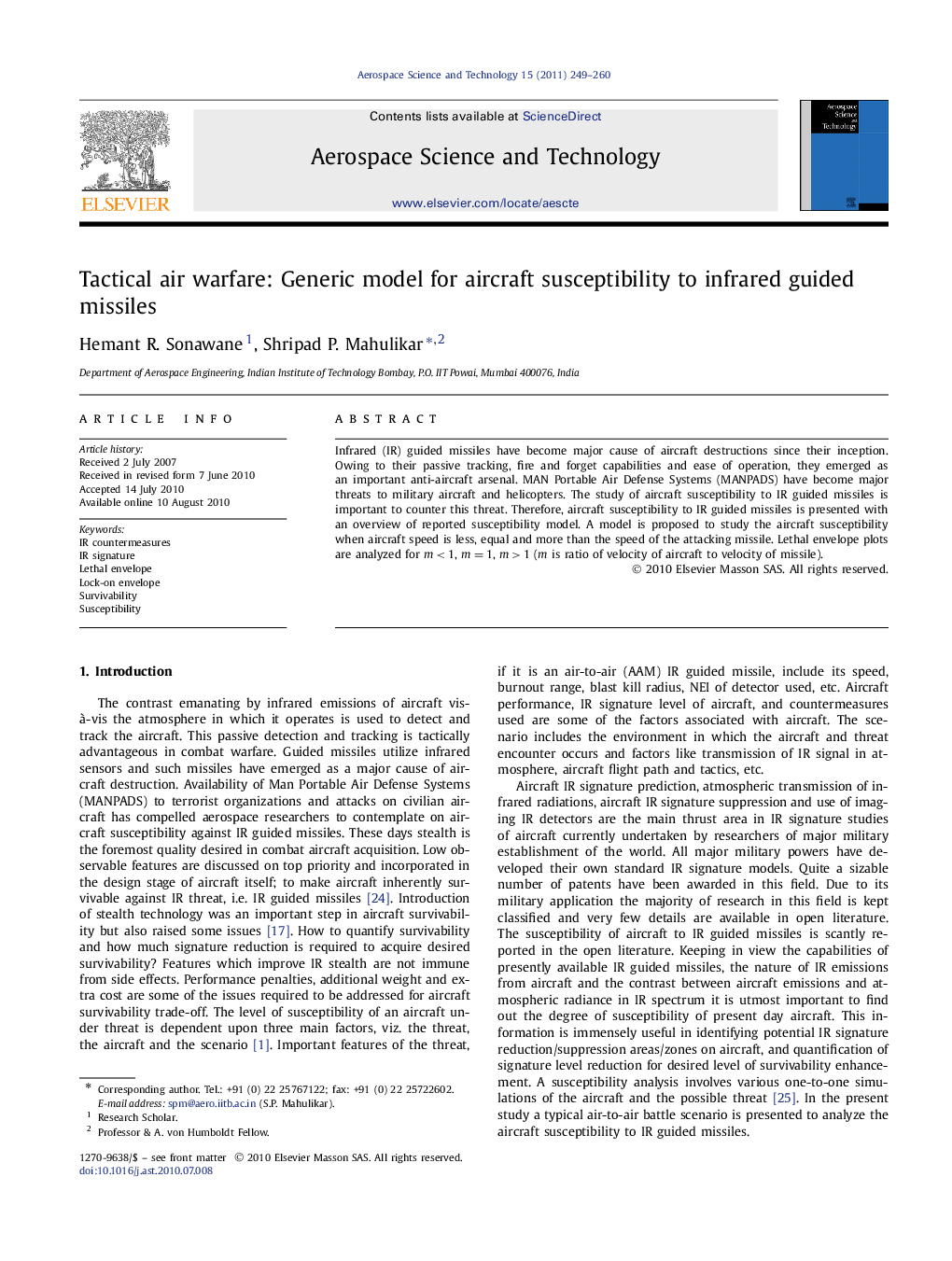 Tactical air warfare: Generic model for aircraft susceptibility to infrared guided missiles