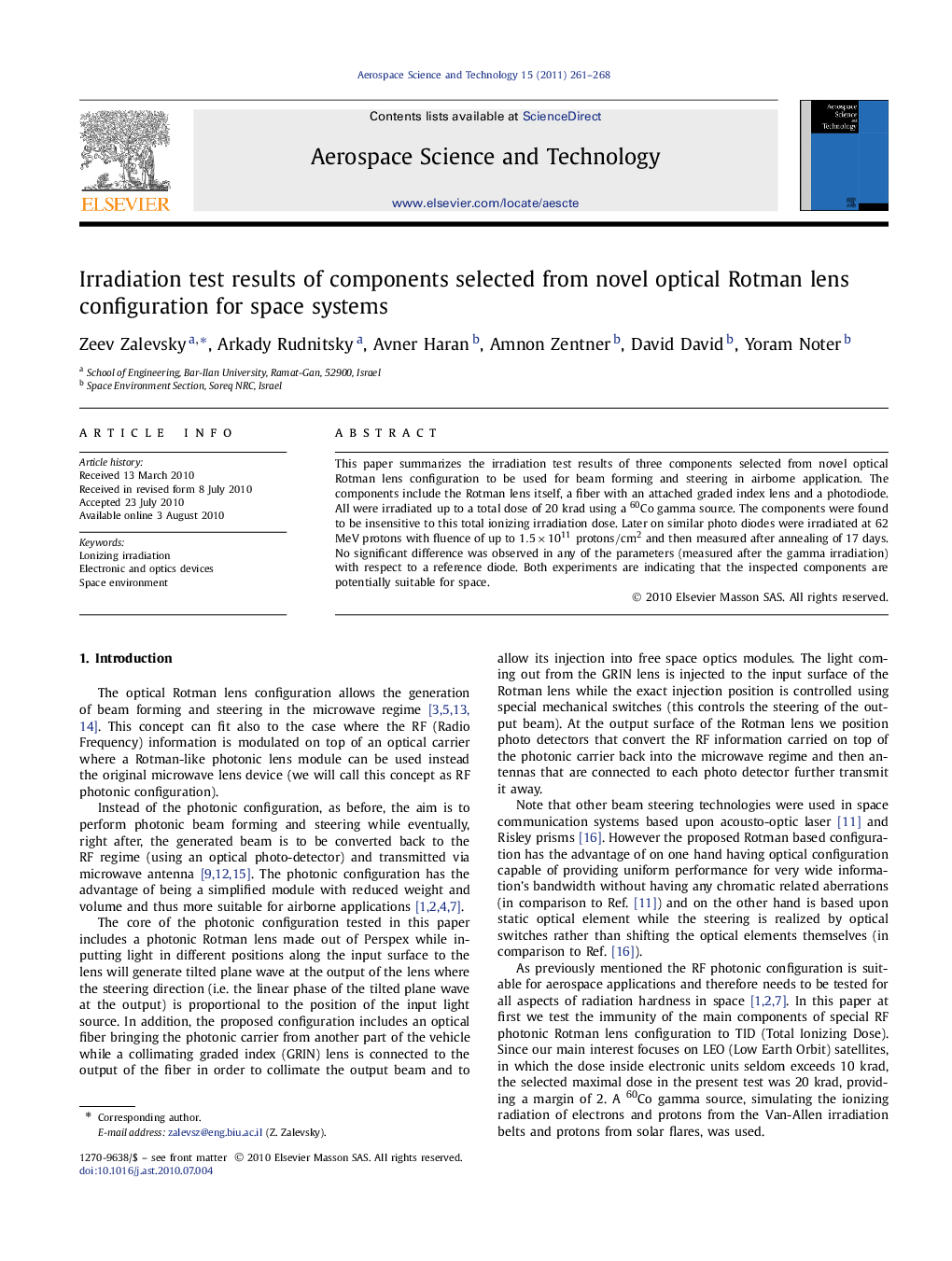 Irradiation test results of components selected from novel optical Rotman lens configuration for space systems