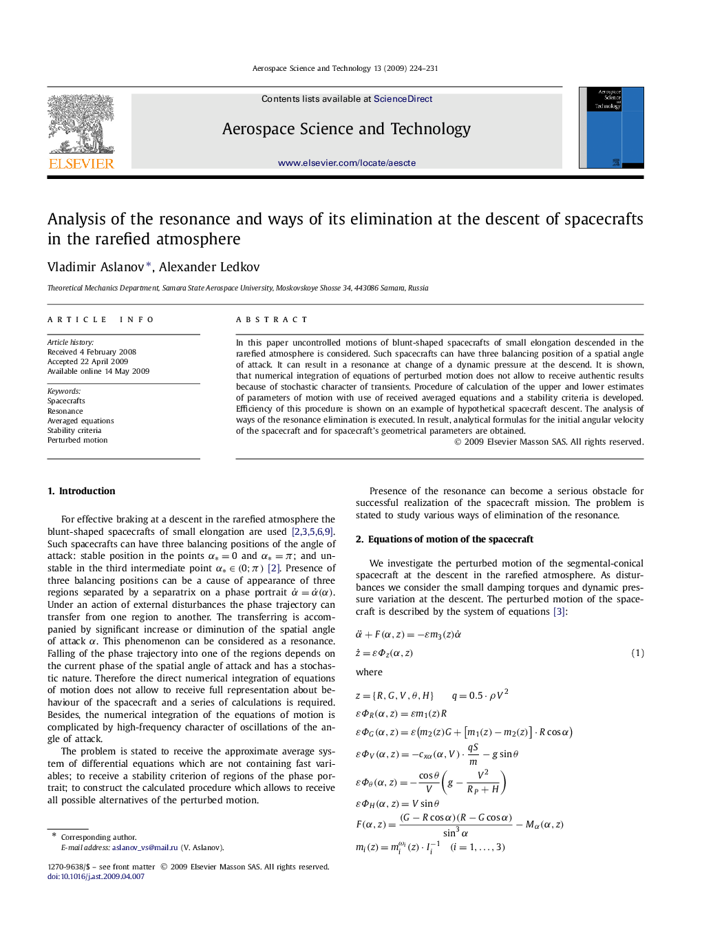 Analysis of the resonance and ways of its elimination at the descent of spacecrafts in the rarefied atmosphere