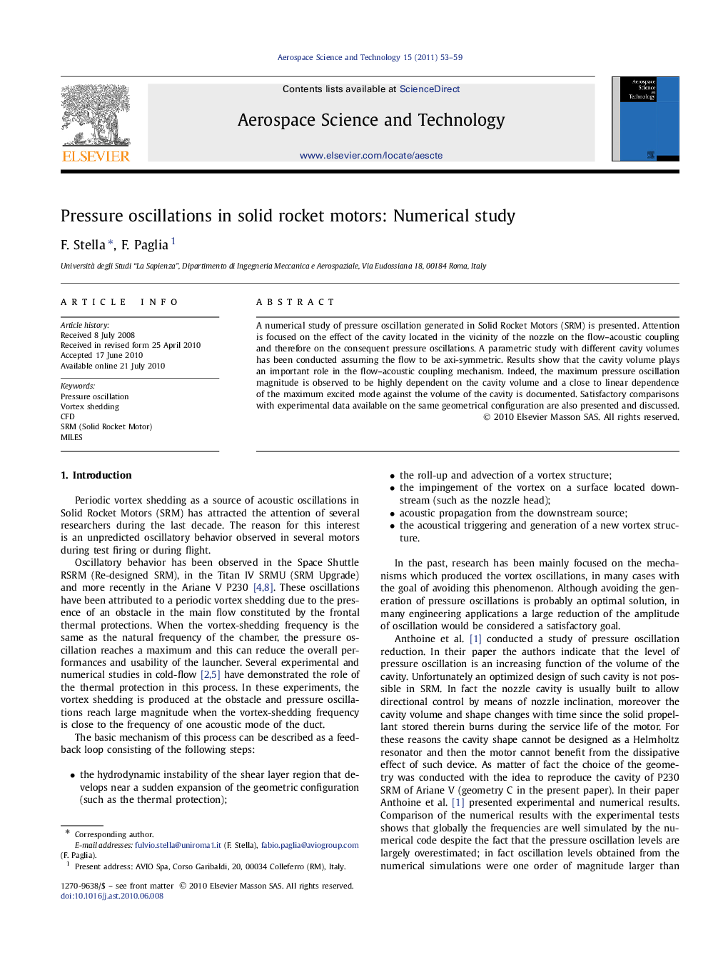 Pressure oscillations in solid rocket motors: Numerical study