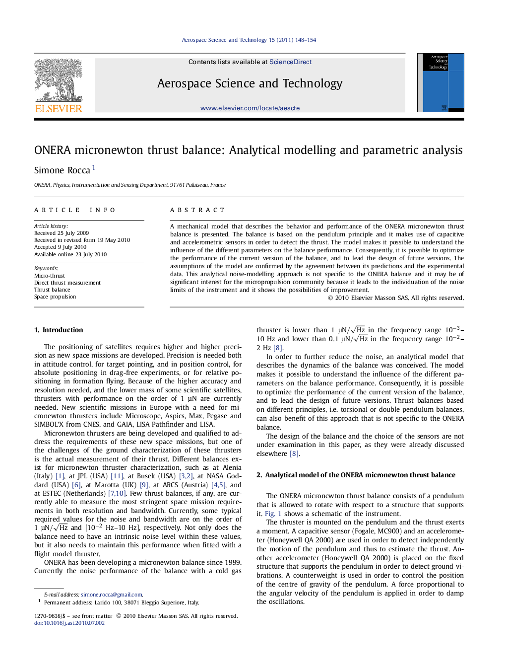 ONERA micronewton thrust balance: Analytical modelling and parametric analysis