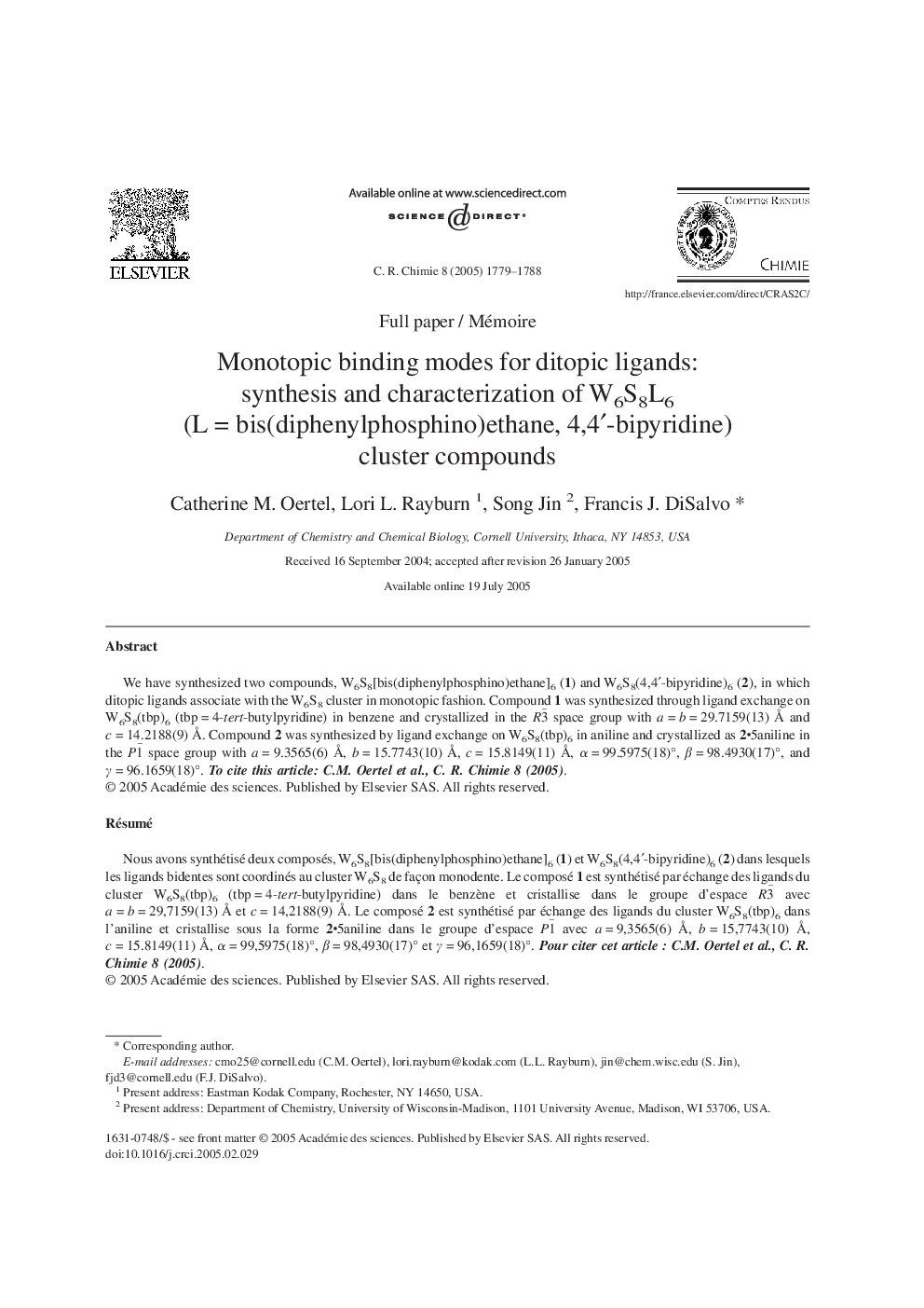 Monotopic binding modes for ditopic ligands: synthesis and characterization of W6S8L6 (L = bis(diphenylphosphino)ethane, 4,4′-bipyridine) cluster compounds