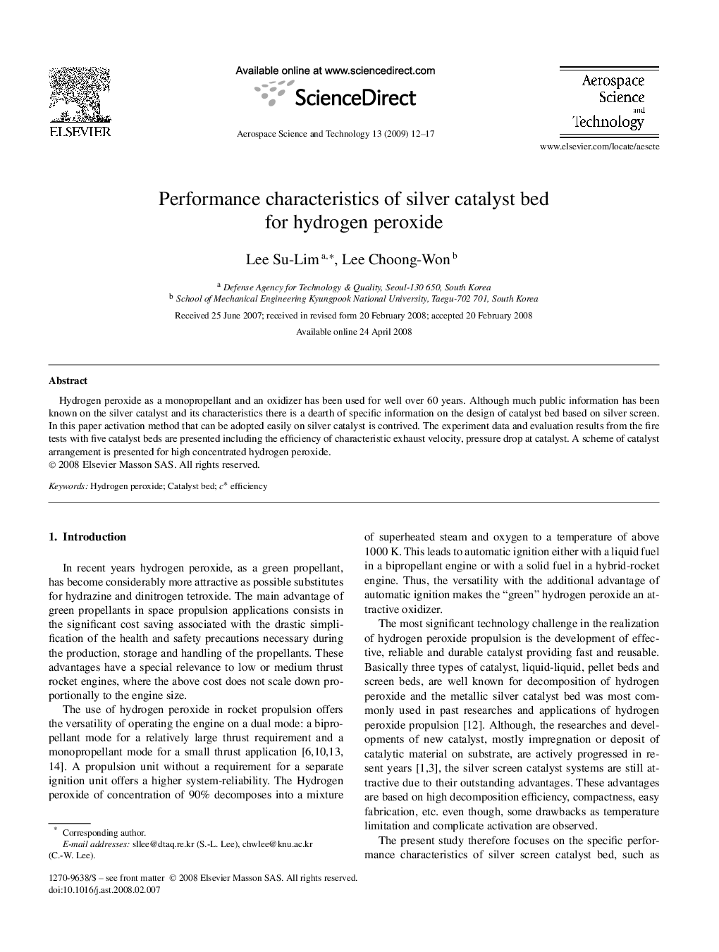 Performance characteristics of silver catalyst bed for hydrogen peroxide