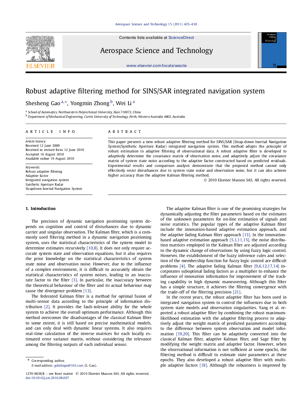 Robust adaptive filtering method for SINS/SAR integrated navigation system