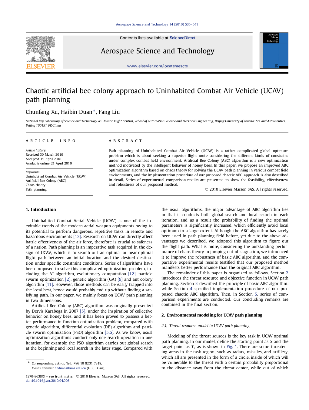 Chaotic artificial bee colony approach to Uninhabited Combat Air Vehicle (UCAV) path planning