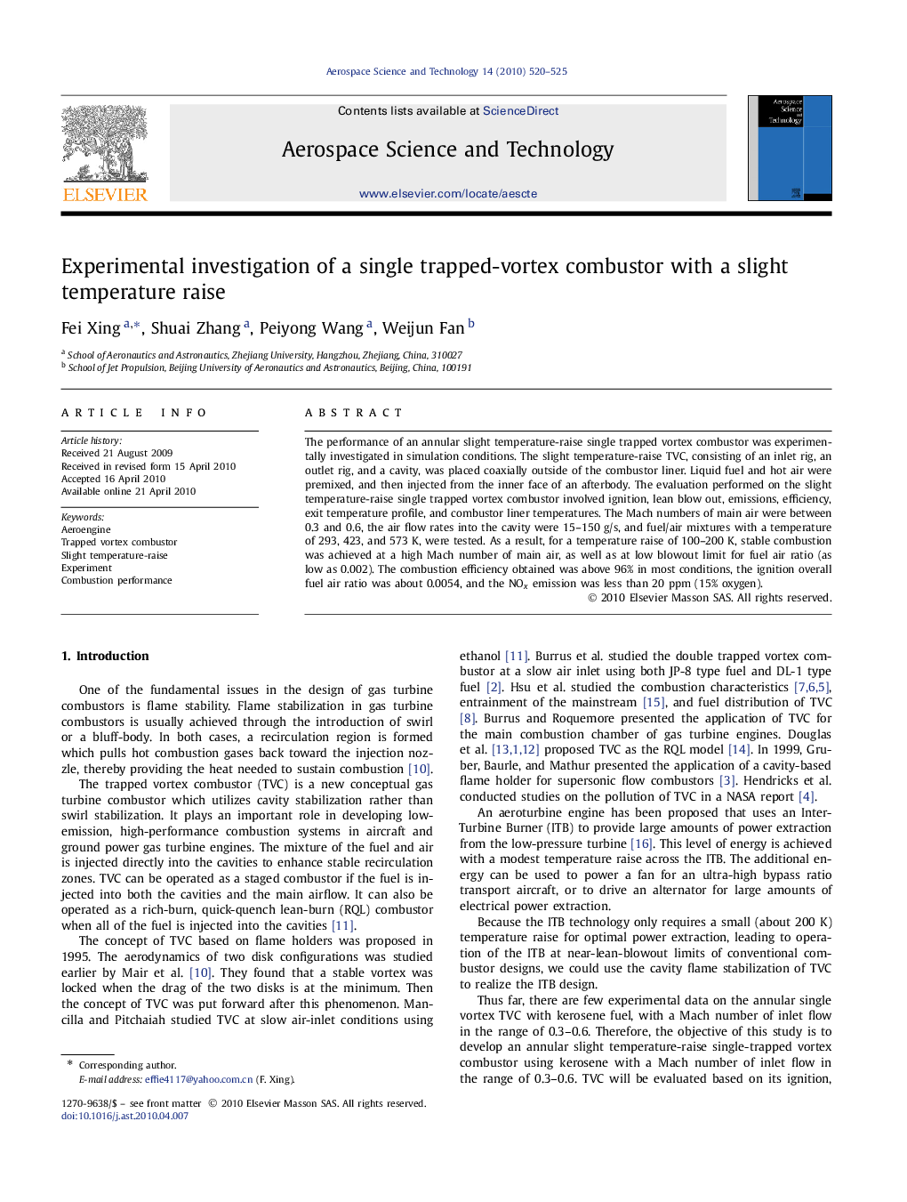 Experimental investigation of a single trapped-vortex combustor with a slight temperature raise