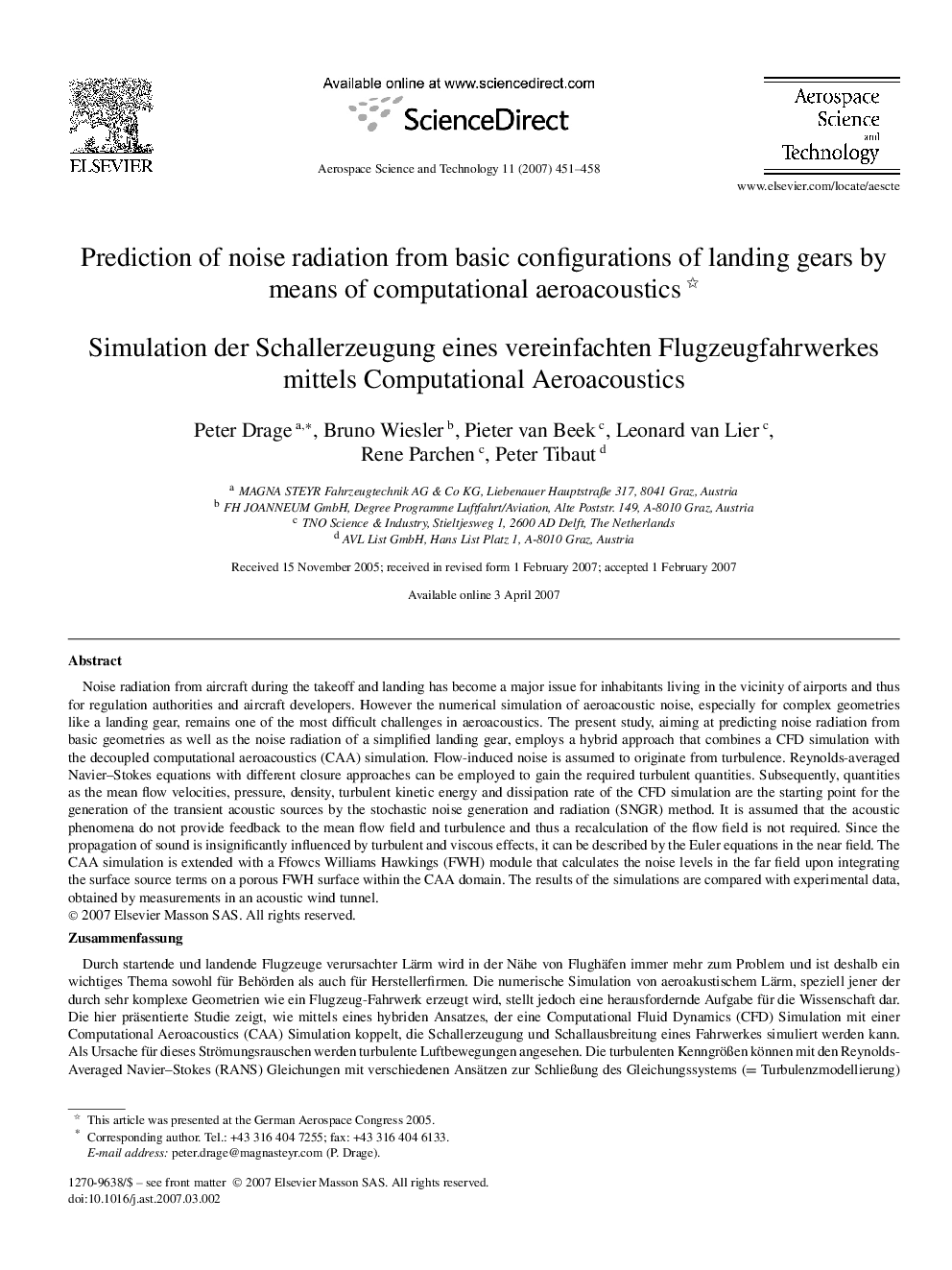 Prediction of noise radiation from basic configurations of landing gears by means of computational aeroacoustics 