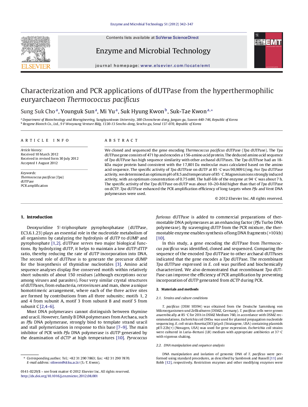 Characterization and PCR applications of dUTPase from the hyperthermophilic euryarchaeon Thermococcus pacificus