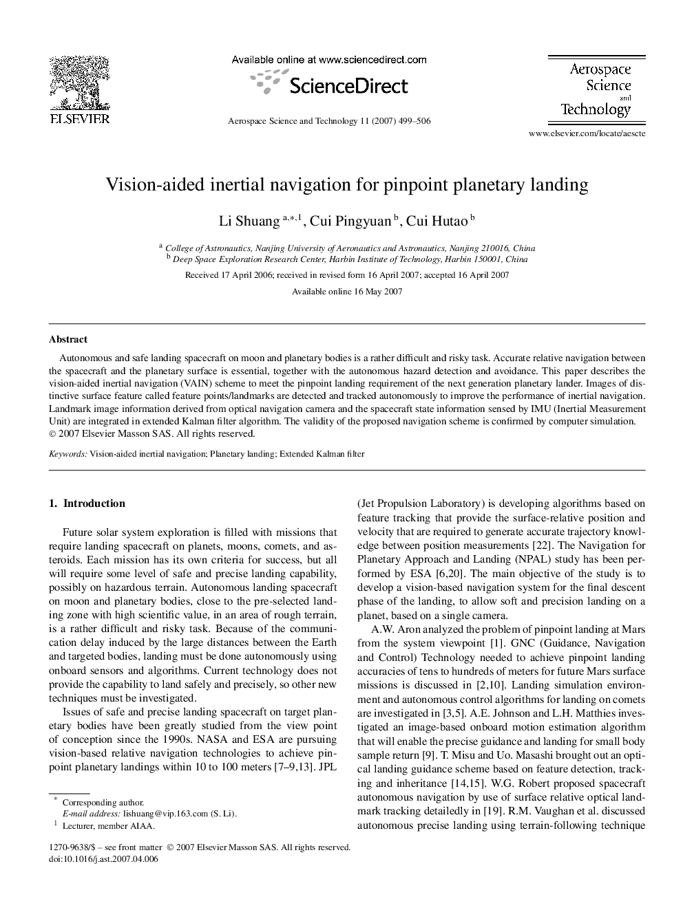 Vision-aided inertial navigation for pinpoint planetary landing