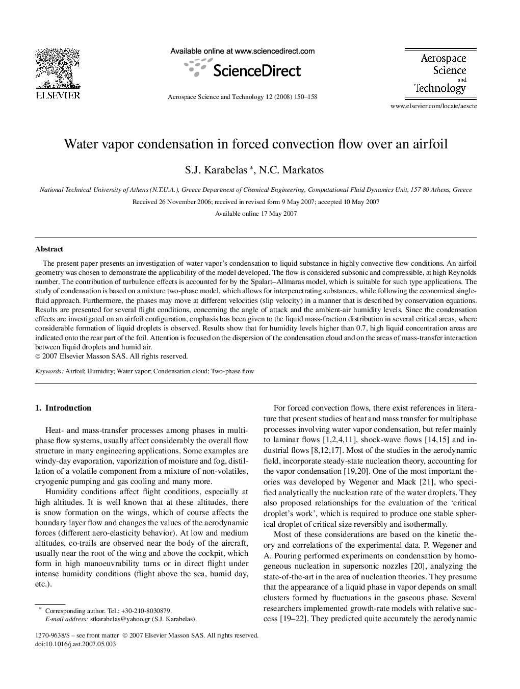 Water vapor condensation in forced convection flow over an airfoil