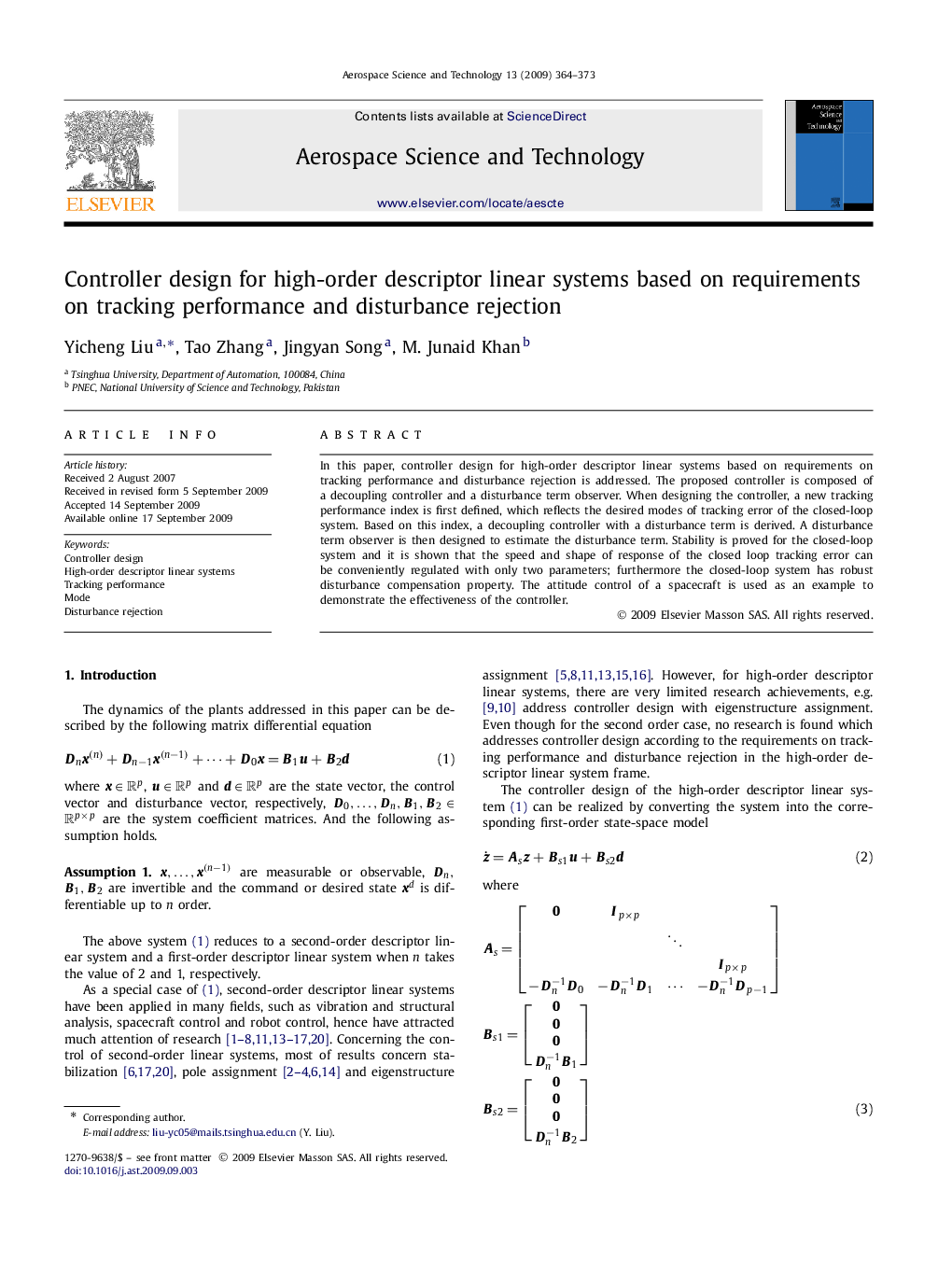 Controller design for high-order descriptor linear systems based on requirements on tracking performance and disturbance rejection