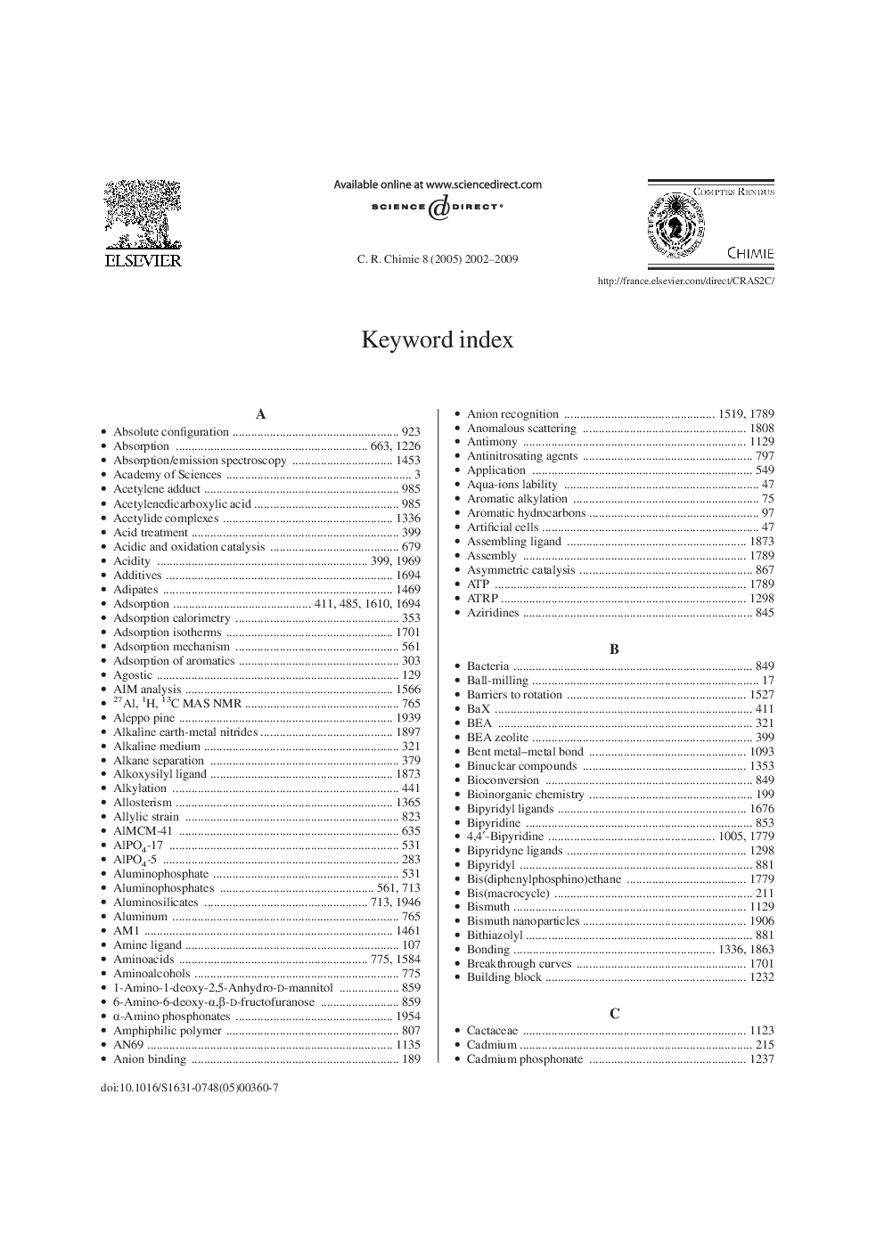 Keyword index - tome 8, janvier décembre 2005