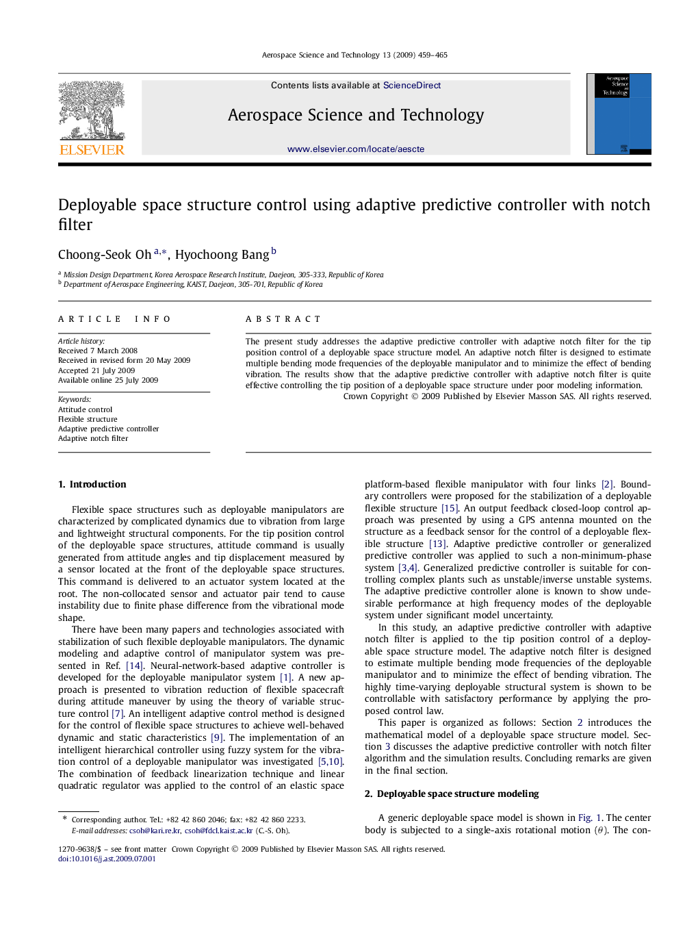 Deployable space structure control using adaptive predictive controller with notch filter