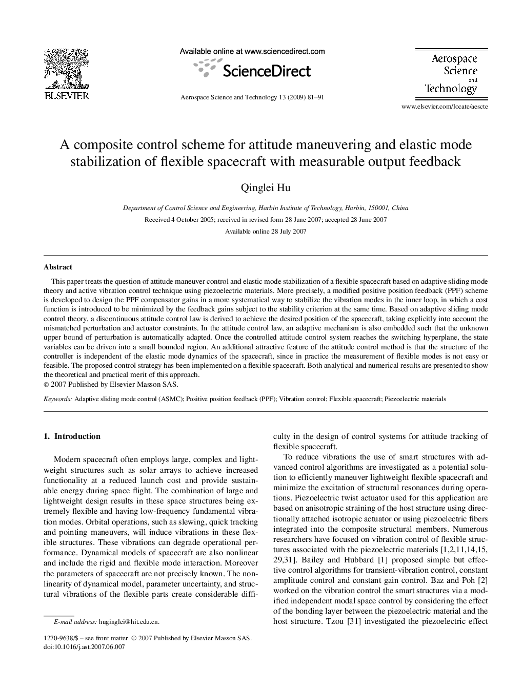 A composite control scheme for attitude maneuvering and elastic mode stabilization of flexible spacecraft with measurable output feedback