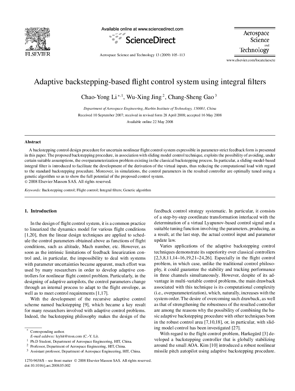 Adaptive backstepping-based flight control system using integral filters