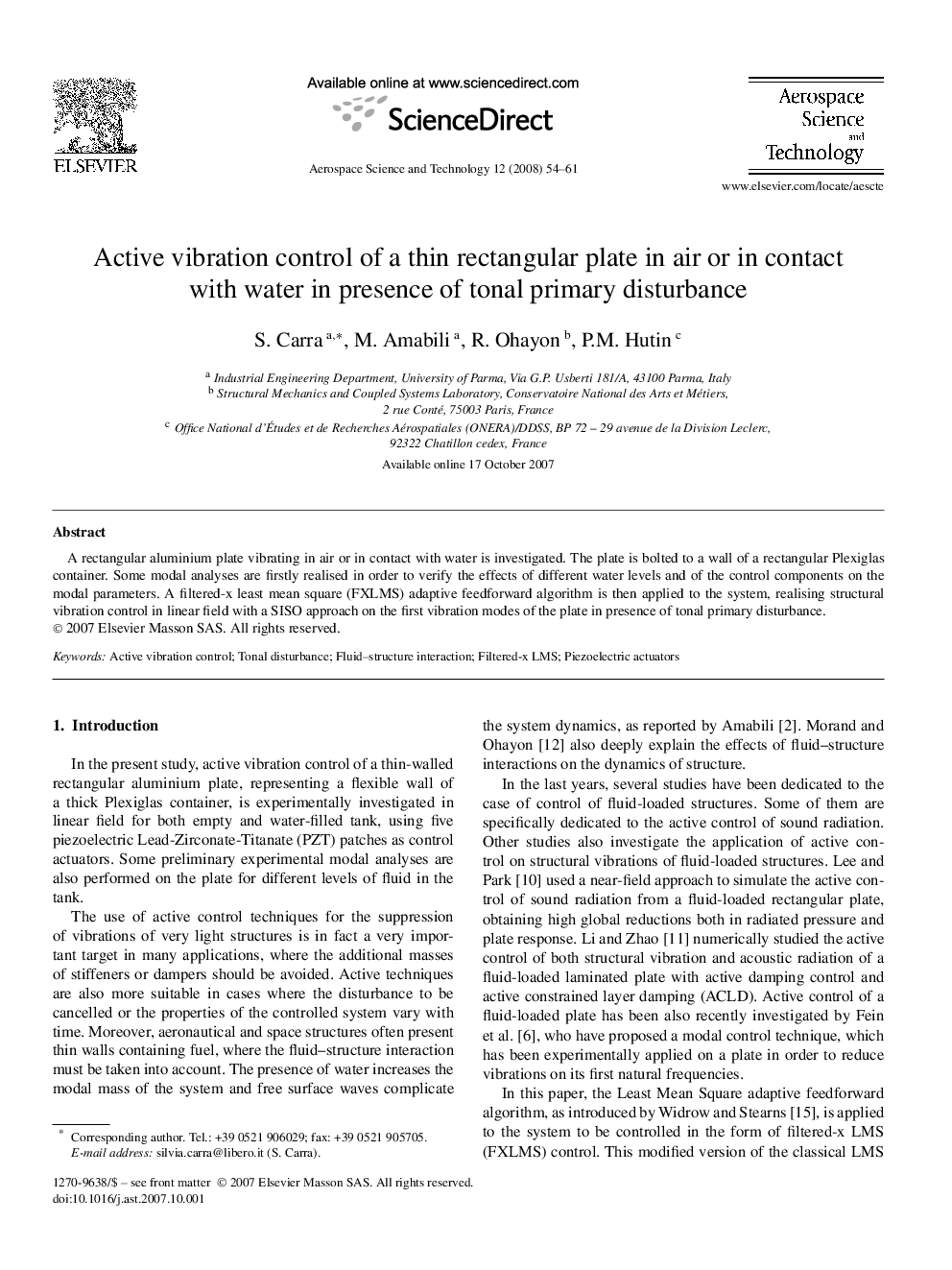 Active vibration control of a thin rectangular plate in air or in contact with water in presence of tonal primary disturbance