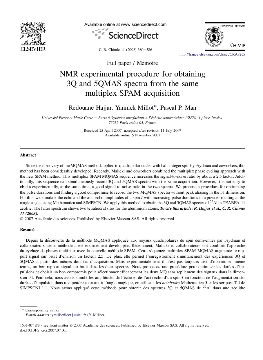 NMR experimental procedure for obtaining 3Q and 5QMAS spectra from the same multiplex SPAM acquisition