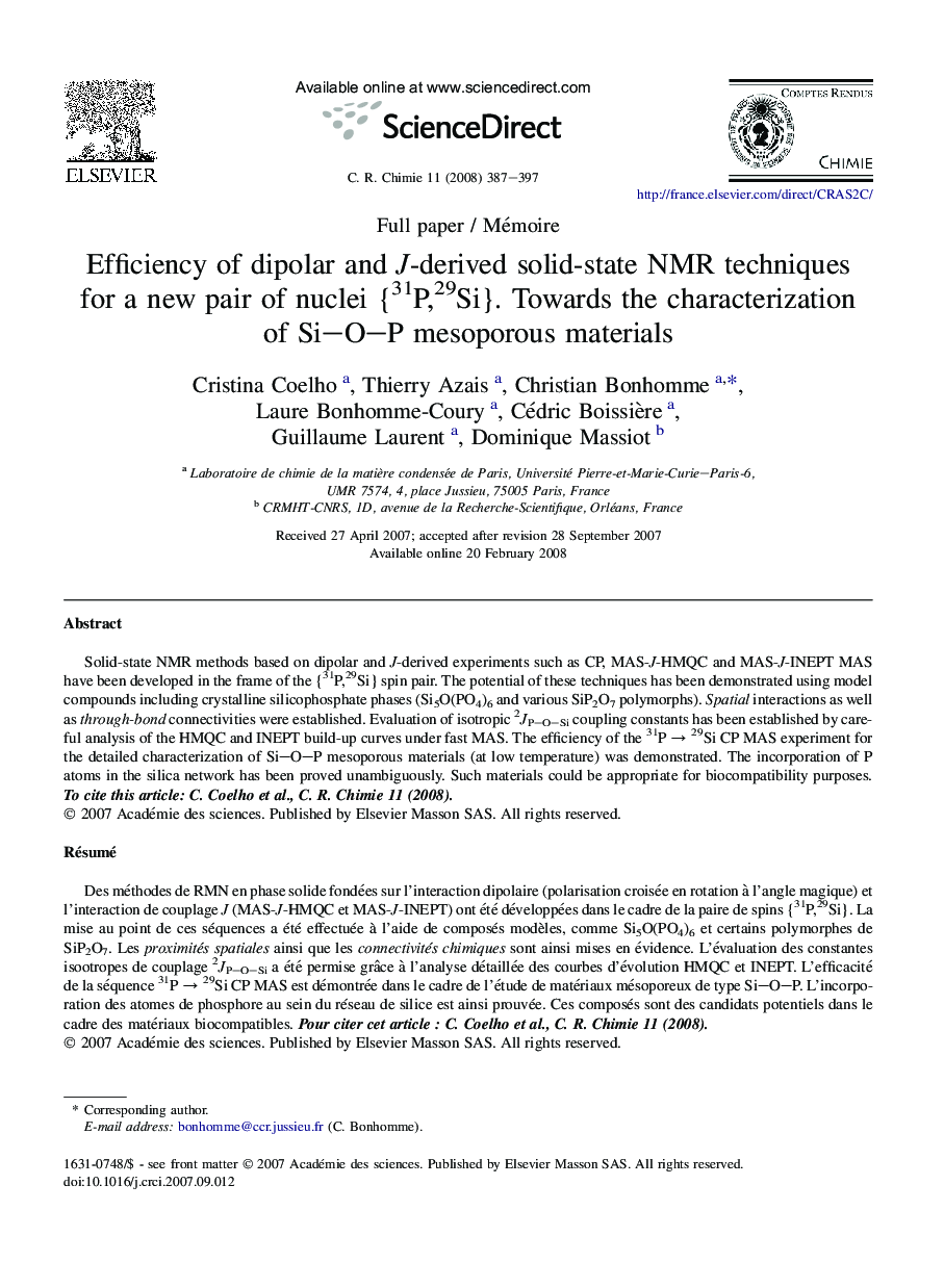 Efficiency of dipolar and J-derived solid-state NMR techniques for a new pair of nuclei {31P,29Si}. Towards the characterization of Si–O–P mesoporous materials