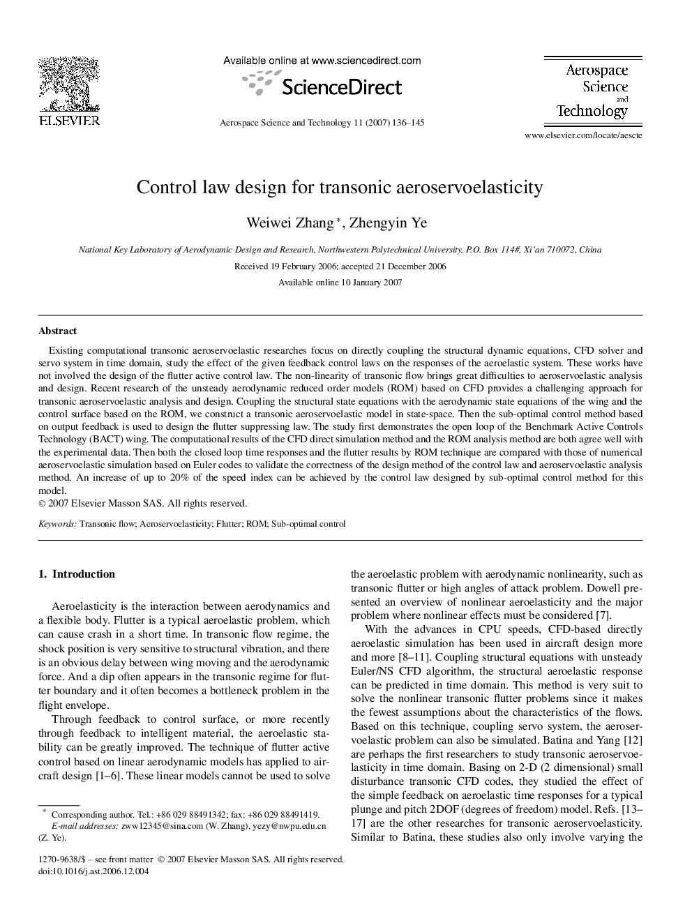 Control law design for transonic aeroservoelasticity