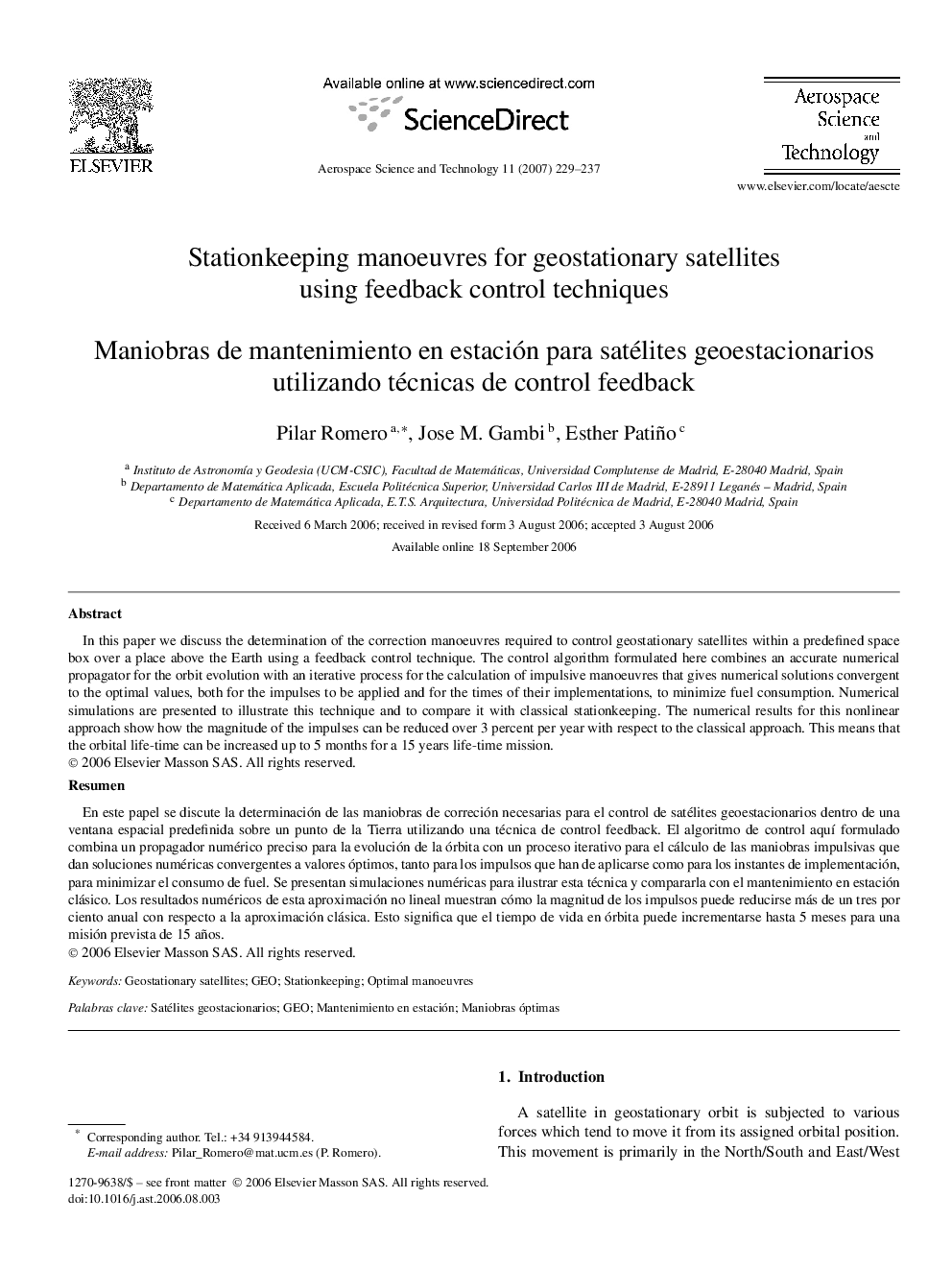 Stationkeeping manoeuvres for geostationary satellites using feedback control techniques