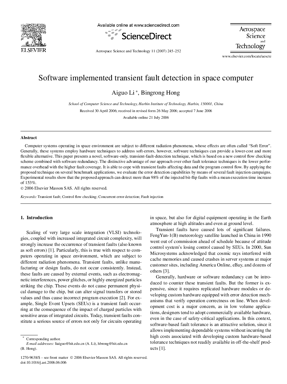 Software implemented transient fault detection in space computer