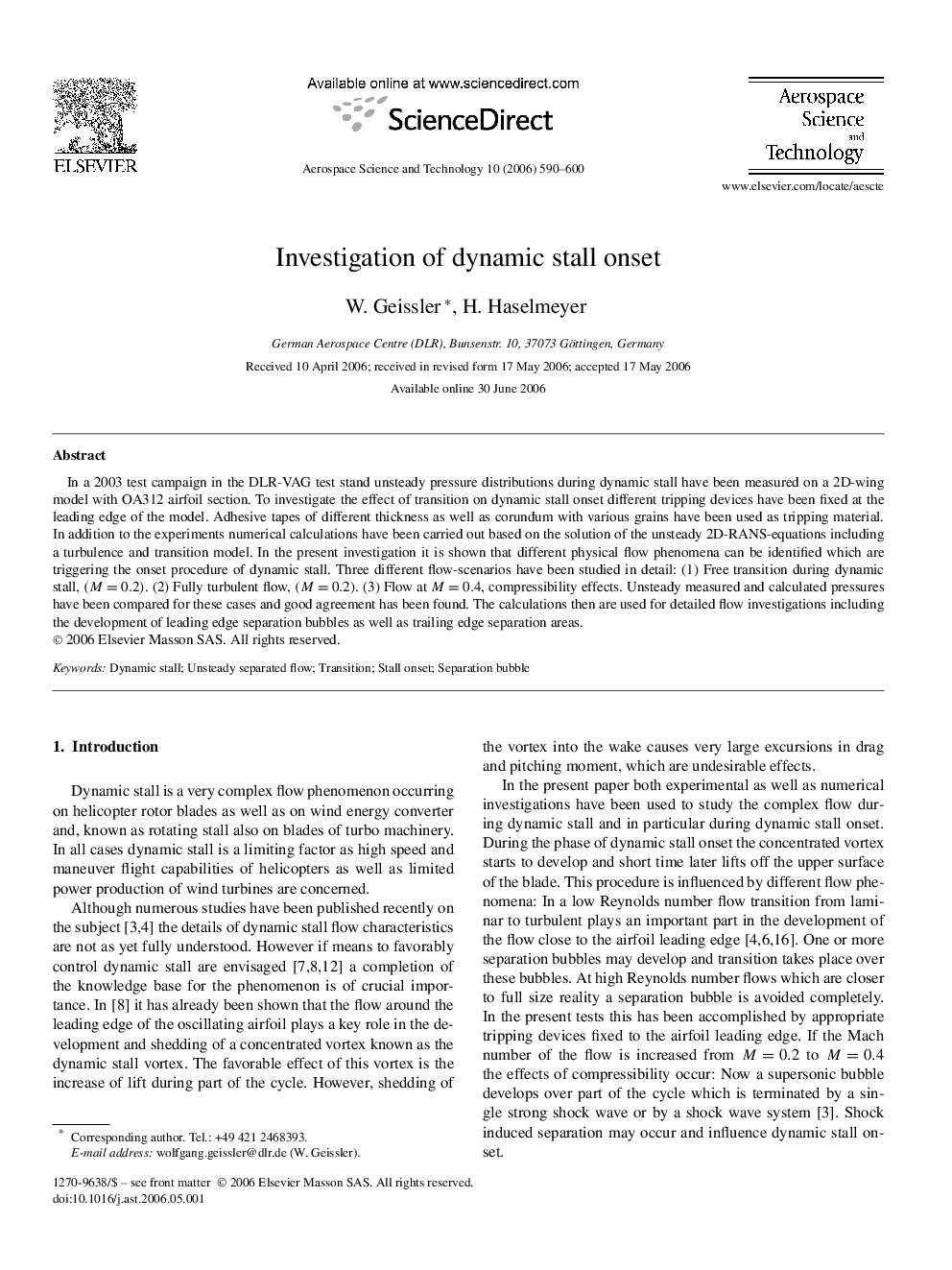 Investigation of dynamic stall onset