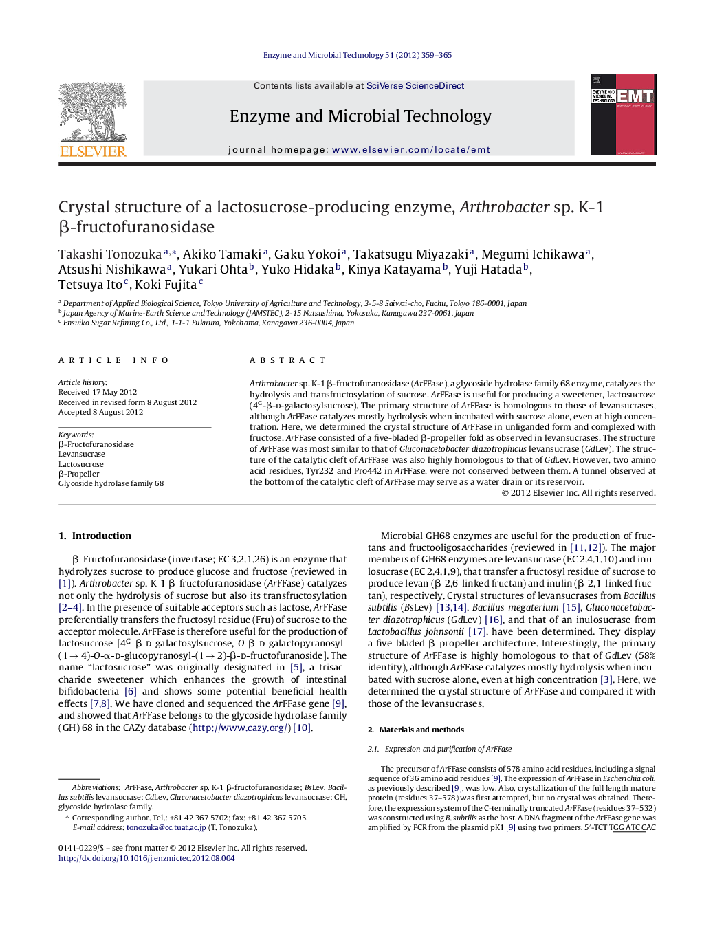 Crystal structure of a lactosucrose-producing enzyme, Arthrobacter sp. K-1 β-fructofuranosidase