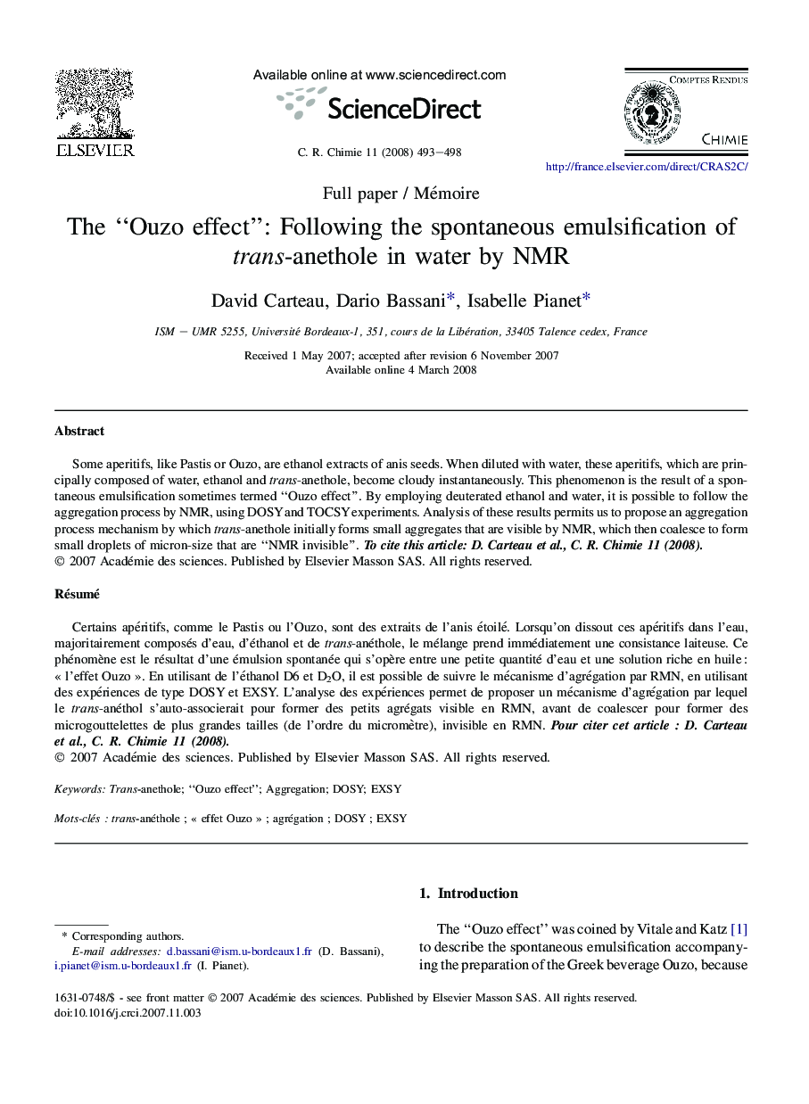 The “Ouzo effect”: Following the spontaneous emulsification of trans-anethole in water by NMR