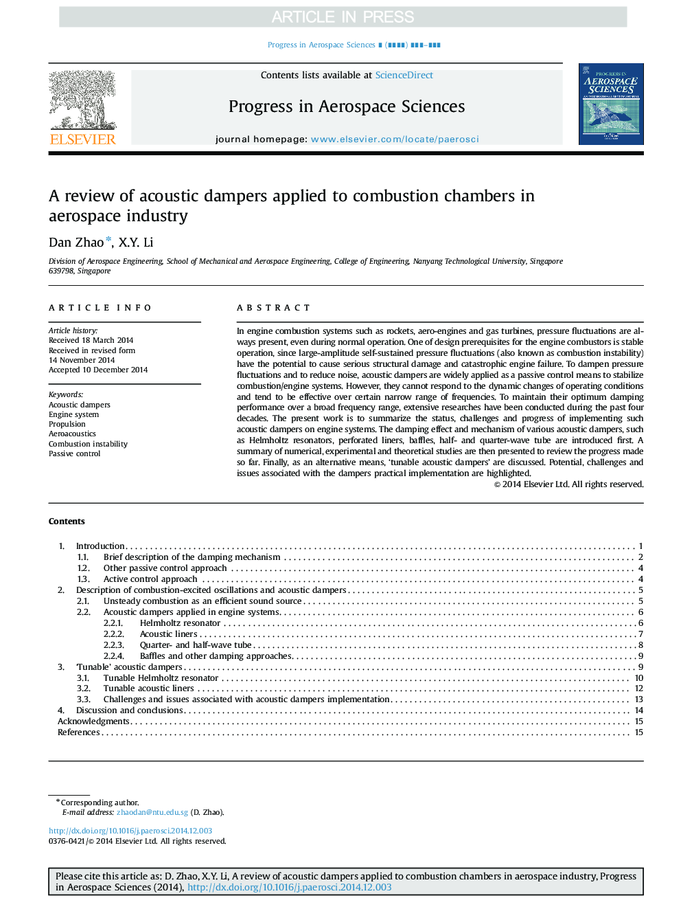 A review of acoustic dampers applied to combustion chambers in aerospace industry