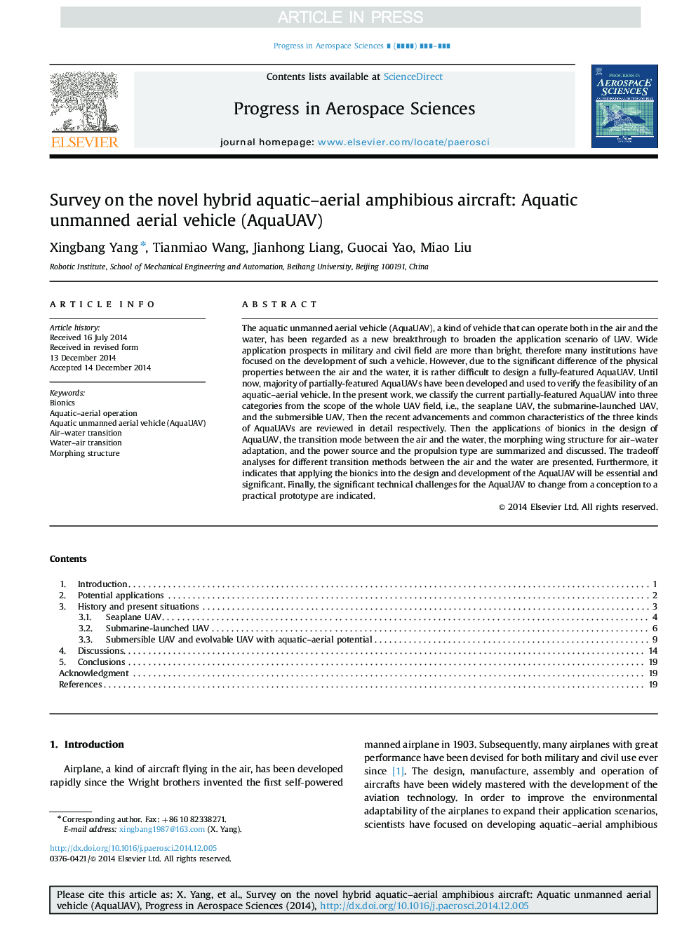 Survey on the novel hybrid aquatic-aerial amphibious aircraft: Aquatic unmanned aerial vehicle (AquaUAV)