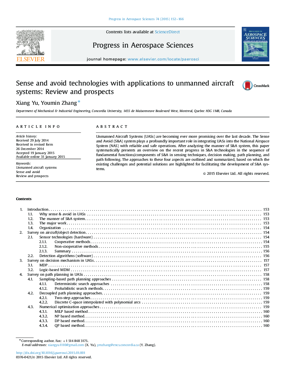 Sense and avoid technologies with applications to unmanned aircraft systems: Review and prospects